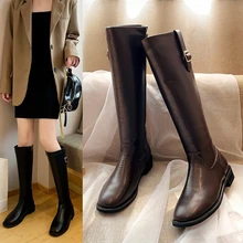 Модные кожаные сапоги; женские сапоги до колена; коллекция года; зимние женские сапоги; пикантные высокие сапоги на платформе в стиле панк; ковбойские сапоги; цвет коричневый, черный