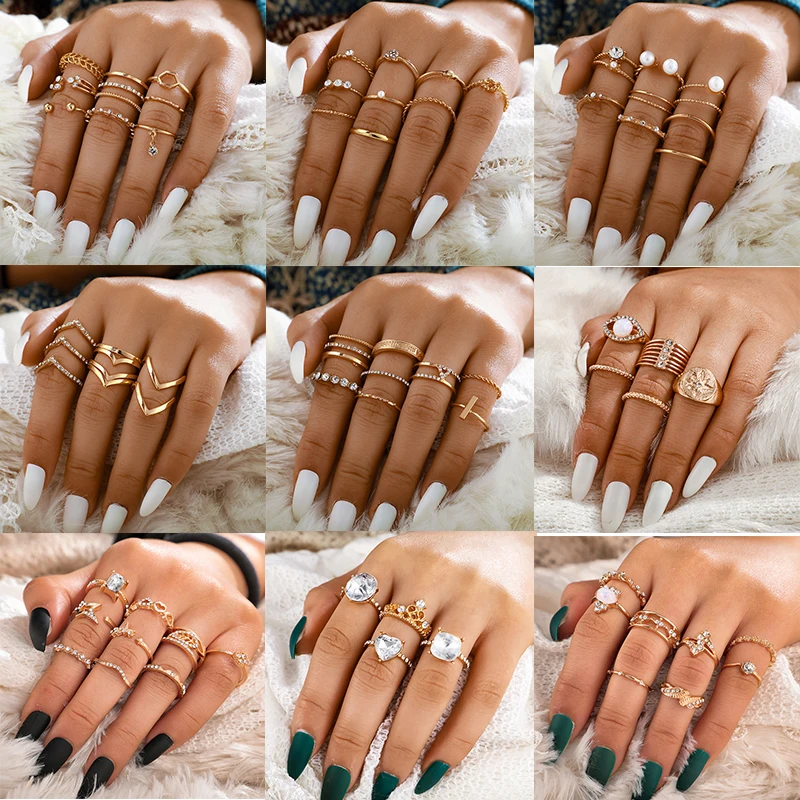 Docona Fashion Crystal Sun Pearl Rings Set for Women Gold Color Geometric Heart Knuckle Finger Rings Female 2020 Jewelry Anillos