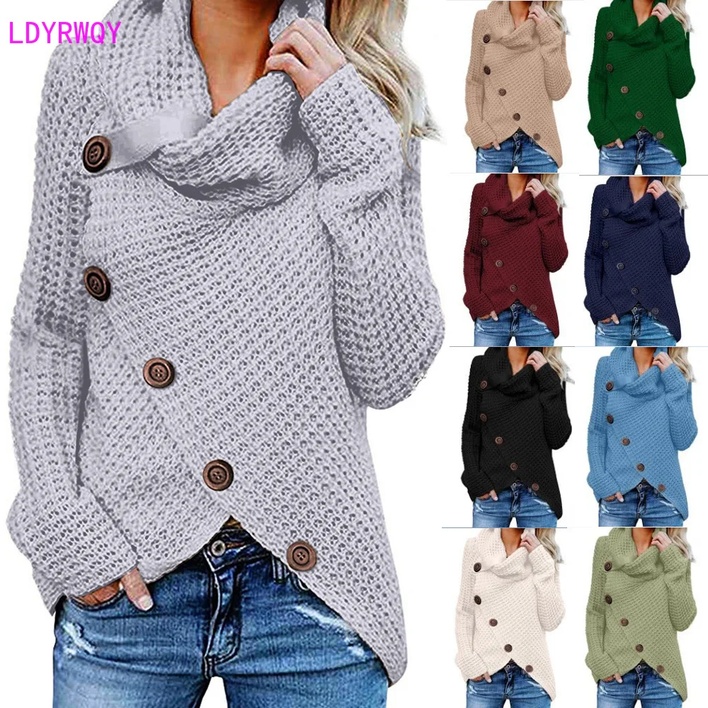 

2019 autumn and winter new European and American women's high collar single-breasted long sleeve irregular loose casual sweater