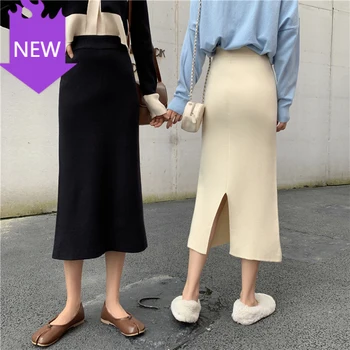 

kirt Elastic Waist Solid Color All-match Women's Skirts Casual Autumn Winter Basic Knit Midi Skirt Korean Chic Split Slim