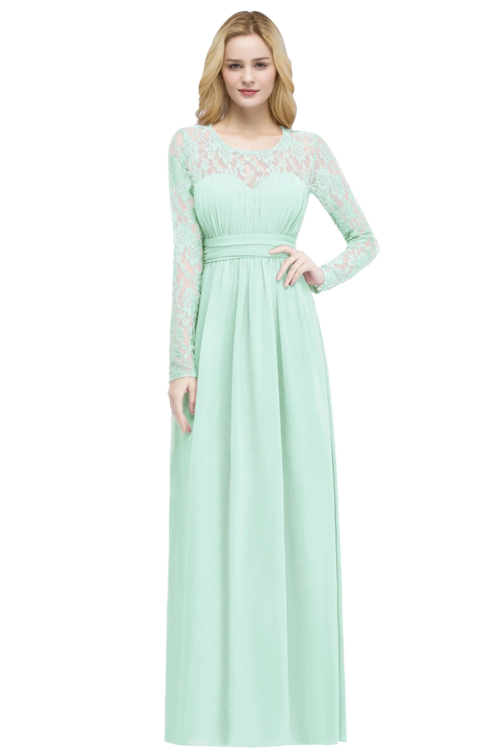 Vestido de Festa Casamento Elegant Burgundy Lace Long Wedding Party Bridesmaid Dresses Full Sleeves Robe Demoiselle D'honneur - Цвет: Mint green
