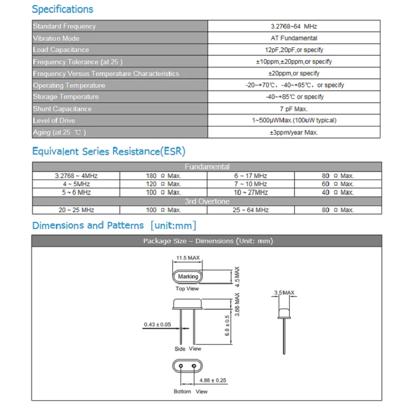 passivo de quartzo 7.6mhz 20pf ± 20ppm