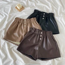 Calções de couro do falso das mulheres outono inverno solto perna larga elástica cintura alta preto plutônio couro sexy biker shorts feminino curto femme