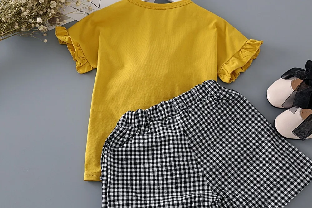 Комплект одежды для девочек, модная желтая рубашка с рисунком мороженого и клетчатые штаны комплект детской одежды из 2 предметов, милый