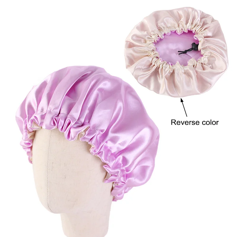 New Reversible Satin Bonnet double layer adjustable size Sleep Night Cap Head Cover Bonnet Hat for For Curly Springy Hair Black ladies head wraps Hair Accessories