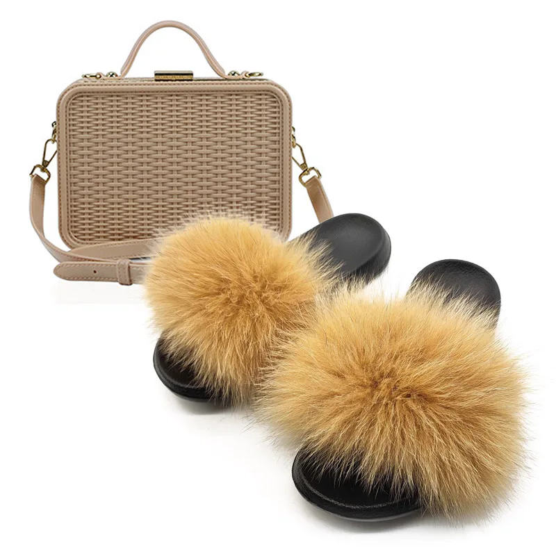 New Fashion Real Fox Fur Slippers for Women Customzed Plush Fur Slides Solid Color Female Hand Bags Sets - Цвет: Set 10