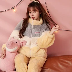 Coral Fleece Pajamas Sets For Women Winter Thick Warm Sleepwear 2 Pieces/Set Loungewear Pyjamas Suit Homewear Clothes