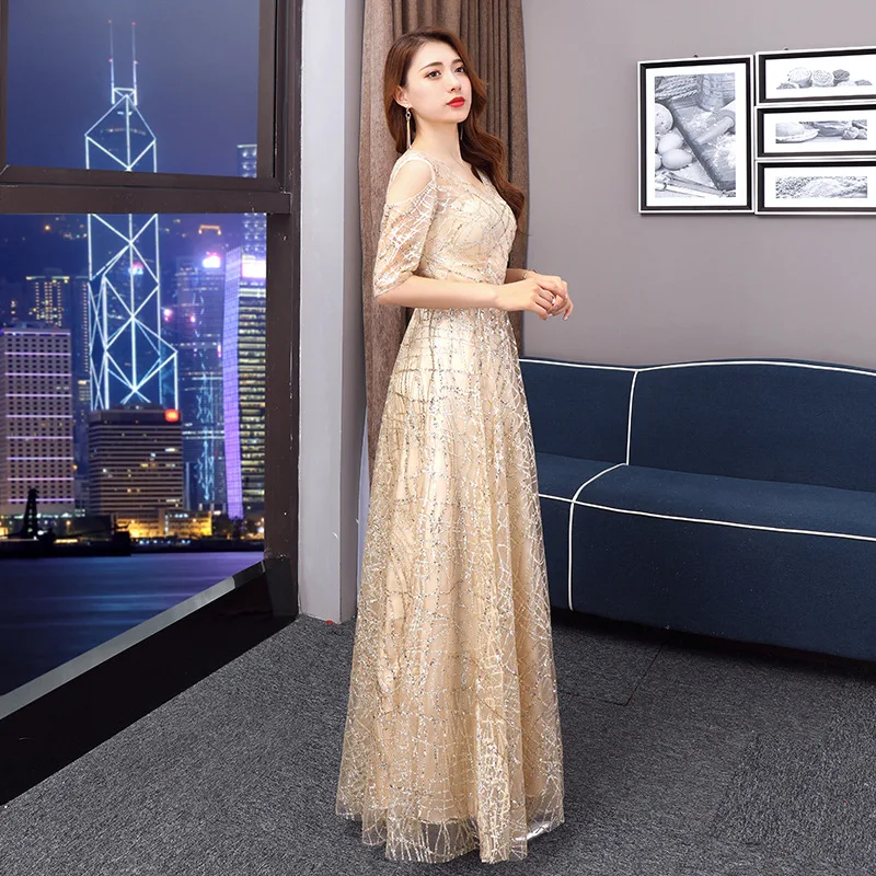 It's Yiiya Champagne Shiny Glitter Evening Dress Sexy V-neck Formal Dresses Robe De Soiree Elegant Women Party Gown K195