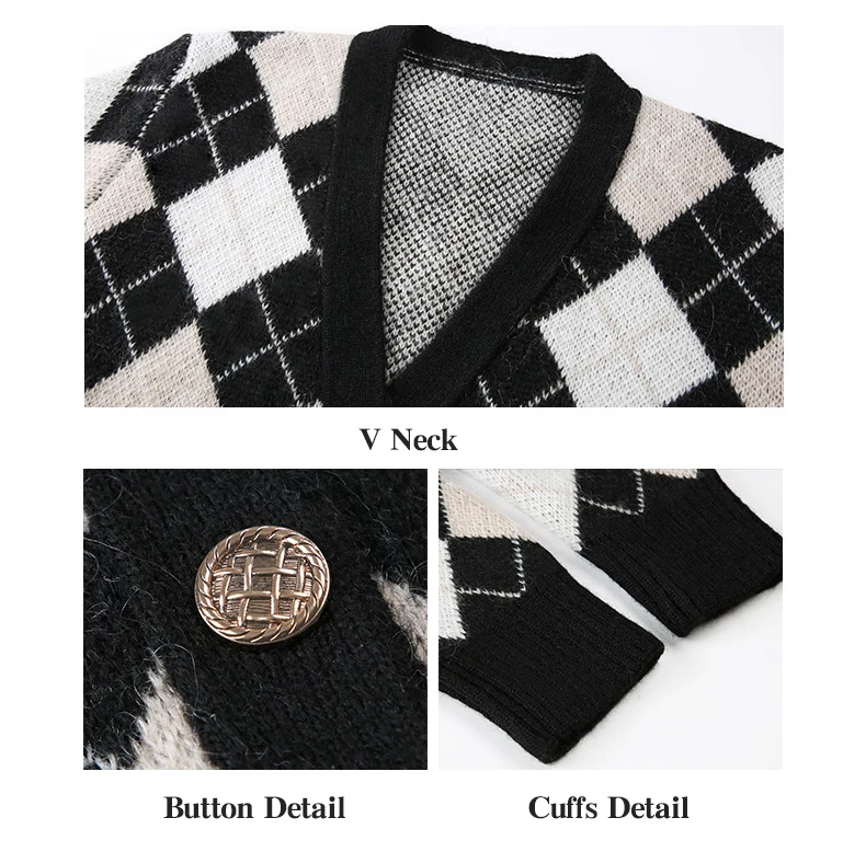 V Neck Women Button Black Geometric Cardigan 2020 Long Sleeve Sweater Autumn Winter Knitted Loose Oversized Jumper Casual Tops ladies cardigans