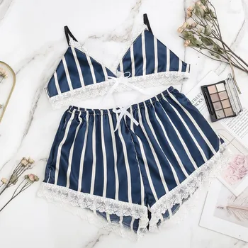 

S-XXL Silk Pajamas Sexy Satin Lingerie Lace Shorts Set Women Sleepwear Stripe Sexy Bra Summer Silk Underwear pijama hombre