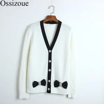 

2020 Spring Women Cardigan Korean Sweater Bow V-neck Coats White Female Sweet Knit High Quality Loose Chic Casual Outwear Mujer