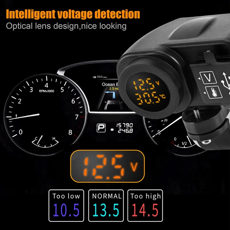 

12V LED Motorcycle USB Charger Digital Voltmeter Thermometer High Temperature Resistant Water Dustproof