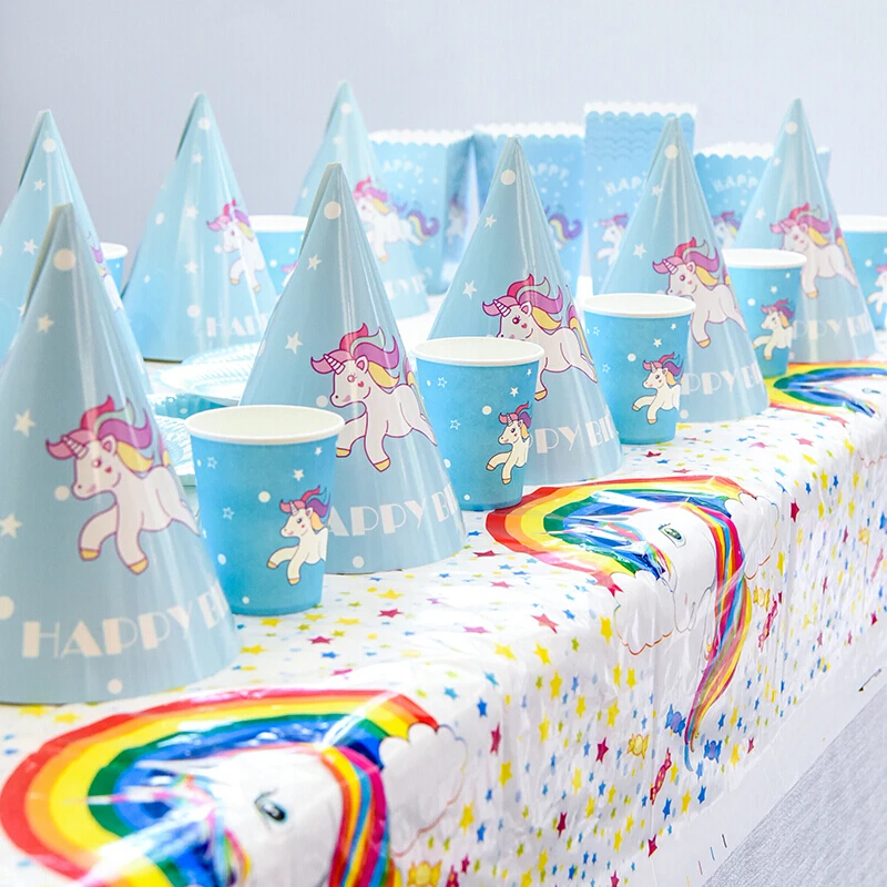 

Unicorn Party Decoration Birthday Cake Toppers Unicorn Theme Paper Cup Hat Napkins Plate Tablecloth Kid Gift Party Supplies