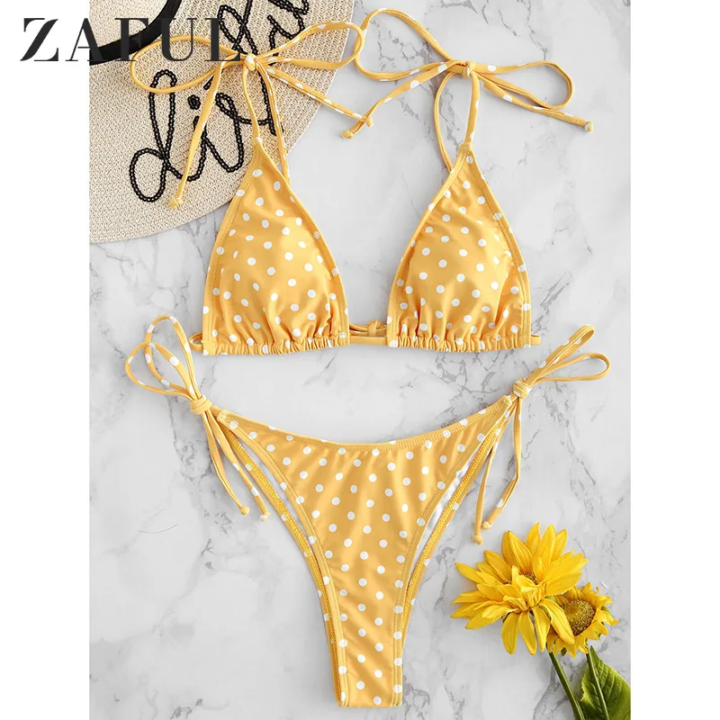  ZAFUL BIKINI Summer Women Bow Tie Push-Up Padded Tie Shoulders Ruffle Polka Dot Bikini Set Swimwear