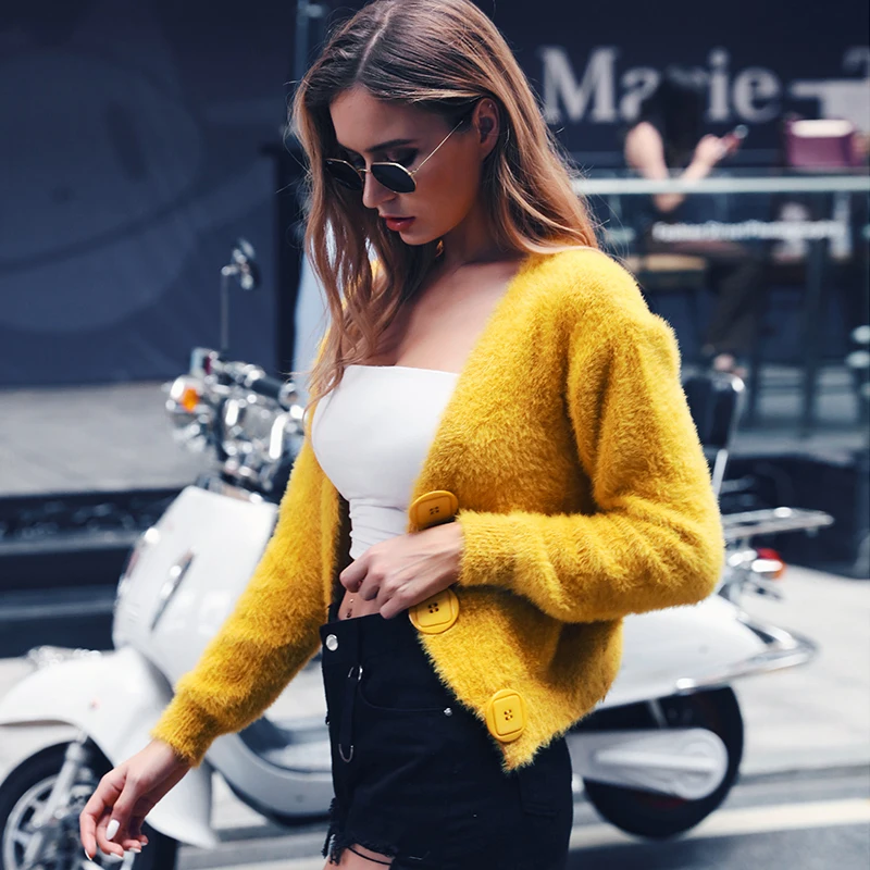 InstaHot свитер из мохера однотонный вязаный кардиган Повседневный однобортный джемпер осень зима оверсайз женский свитер верхняя одежда