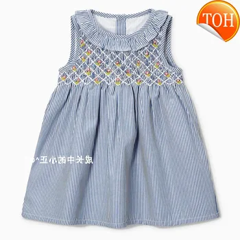 

New Summer Kids Light Blue Striped Turn-down Embroidery Girls 2-7yrs Short-Sleeved Cotton Woven Smock Dresses