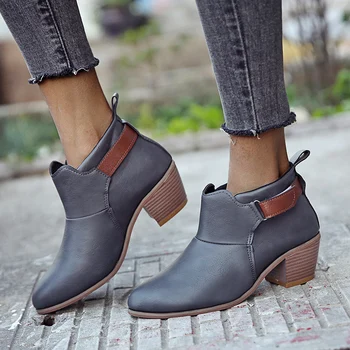 

2020 New Fashion Leather High Heel Boots Women's Leather Pointed Toe Ankle Boots Woman Female Square Heels Booties Plus Size