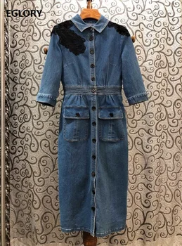 

High Quality Denim Dress 2020 Spring Summer Jean Women Turn-down Collar Lace Embroidery Patchwork Short Sleeve Blue Cotton Dress