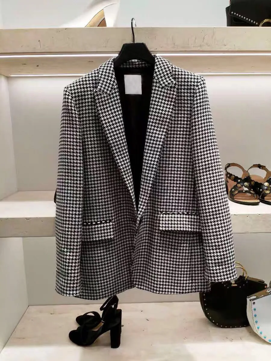 

French Elegant S Home 19 Years Thousand Birds Grid Slim Fit Trend Lady Check Pattern Suit Coat