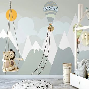 

Custom Photo Mural 3D Hand Painted Mountain Sun Hot Air Balloon Animal Cute Children Room Bedroom Decor Wall Painting Wallpaper