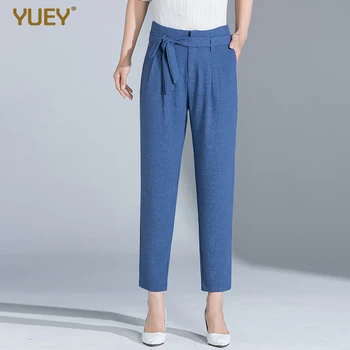 

2020 New Women Cropped Pants Loose Slim Ankle Length Summer Trousers With Belt Feet Pants Solid Color Polyester