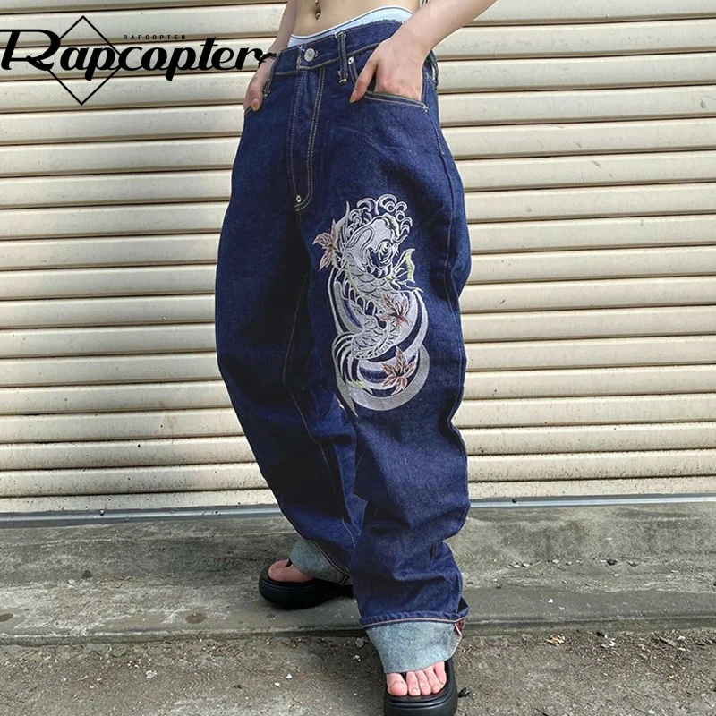 

Rapcopter Dragon Print Cargo Jeans Baggy Korean Retro Streetwear Trousers Women Retro Pockets Zipper Low Waisted Pants Sporty