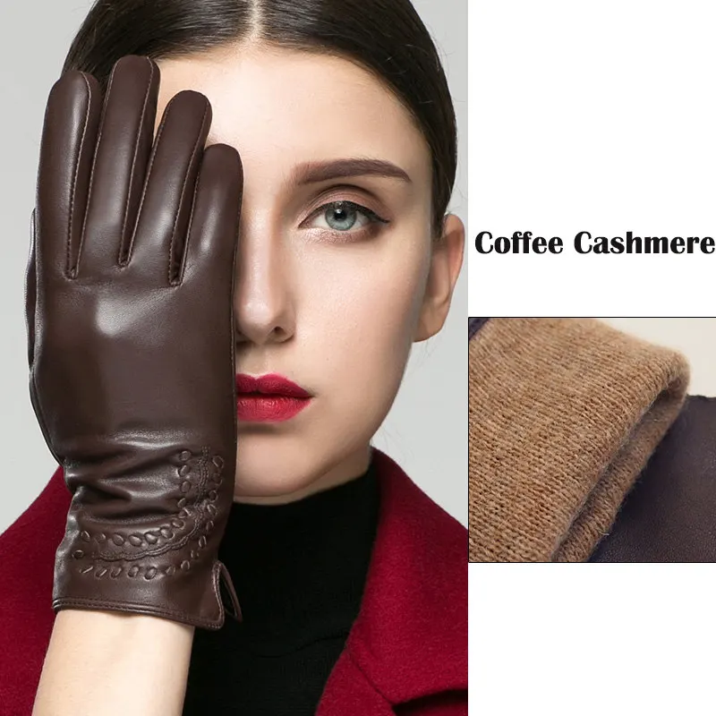 coffee cashmere Перчатки из натуральной кожи женские зимние теплые бархатные утепленные высококачественные кожаные перчатки для вождения K2303 - Цвет: coffee cashmere