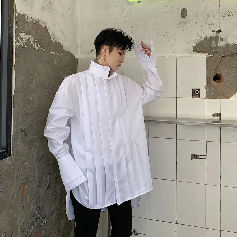 

MIXCUBIC 2019 Autumn British style Unique Pleated collar shirts men casual loose Retro court shirts for men,size S-XL