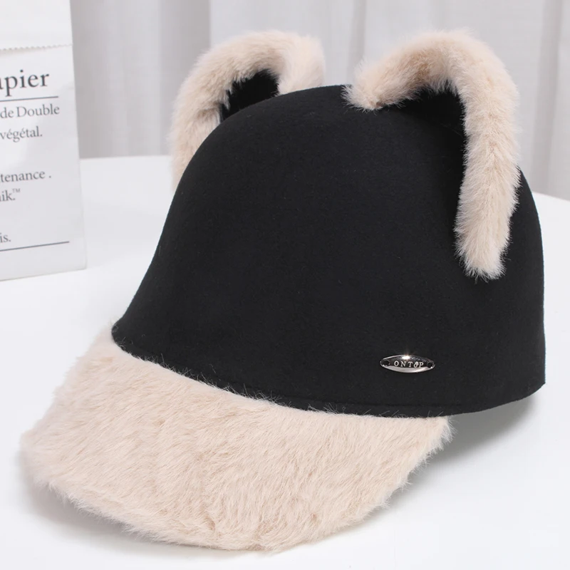 

Autumn and winter new style fedora cat ear cap female street casual top hat British woolen equestrian hat felt hat for women