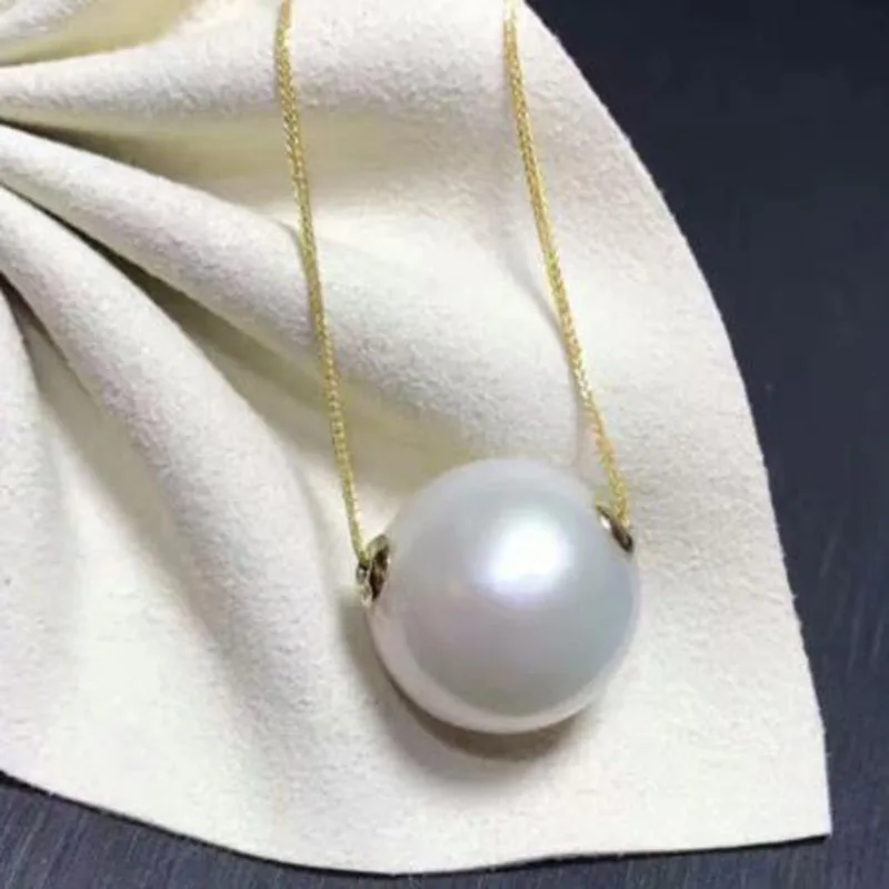 

NATURAL 14MM round freshwater WHITE PEARL PENDANT NECKLACE 18inch 925silver GOLD
