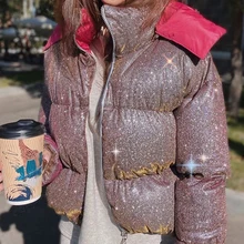 

Fashion Women's Parka Winter 2021 Glitter Sequins Elegant Thick Warm Puffer Jacket Ourwear Shiny Quilted Coats Female Overcoats