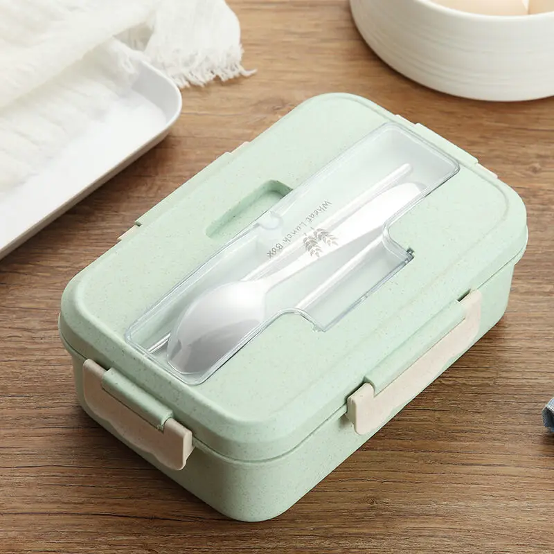 Microwave Lunch Box Wheat Straw Dinnerware Food Storage Container Children Kids School Office Portable Bento Box - Color: Green