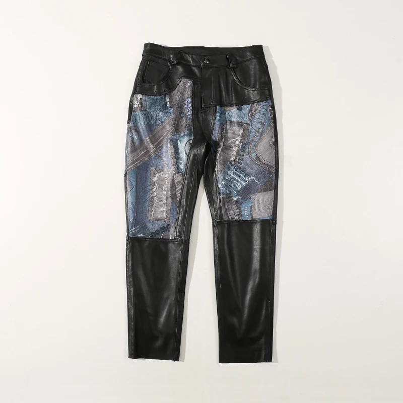 

2020 and Autumn New Long Section Denim Print Casual Slim Sheepskin Leather Pants Women