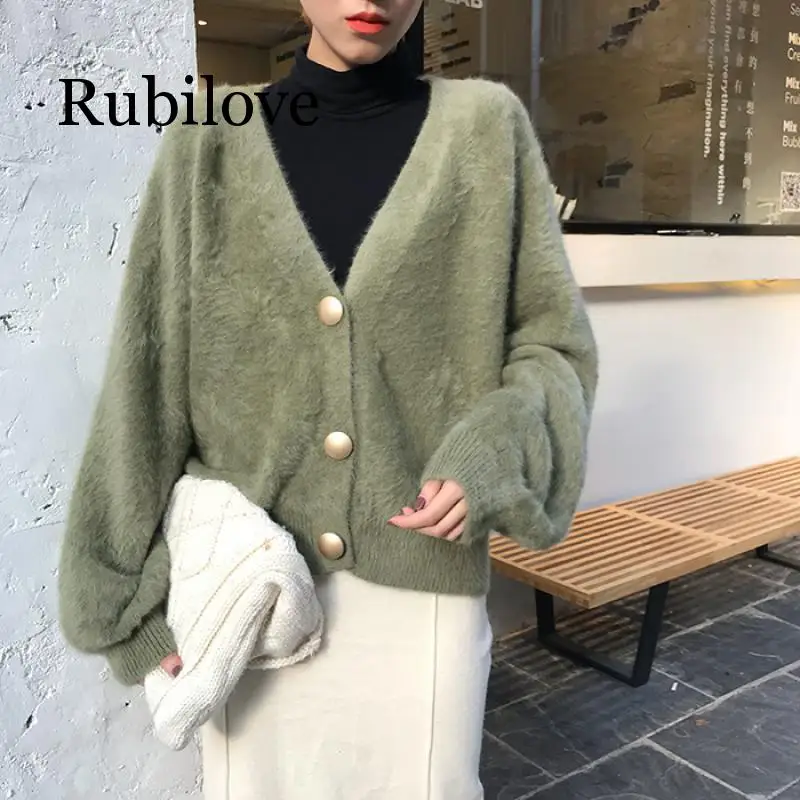 Rubilove, Корейская версия, осенний и зимний вязаный кардиган, v-образный вырез, женский свитер, Повседневный, свободный, длинный рукав, тонкая, на пуговицах, модная