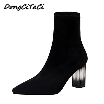 

DongCiTaCi Autumn Winter Booties Women High Heels Boots Shoes Clear Thick Heels Pumps Solid Party Wedding Retro Ankle Boots