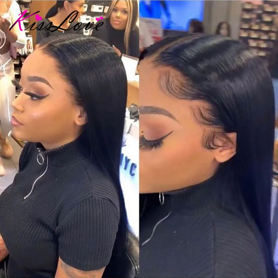 Skup 13x6 koronki przodu włosów ludzkich peruk wstępnie oskubane 180% gęstości brazylijski prosto 13x4 koronki przodu peruka z dzieckiem włosy Remy KissLove