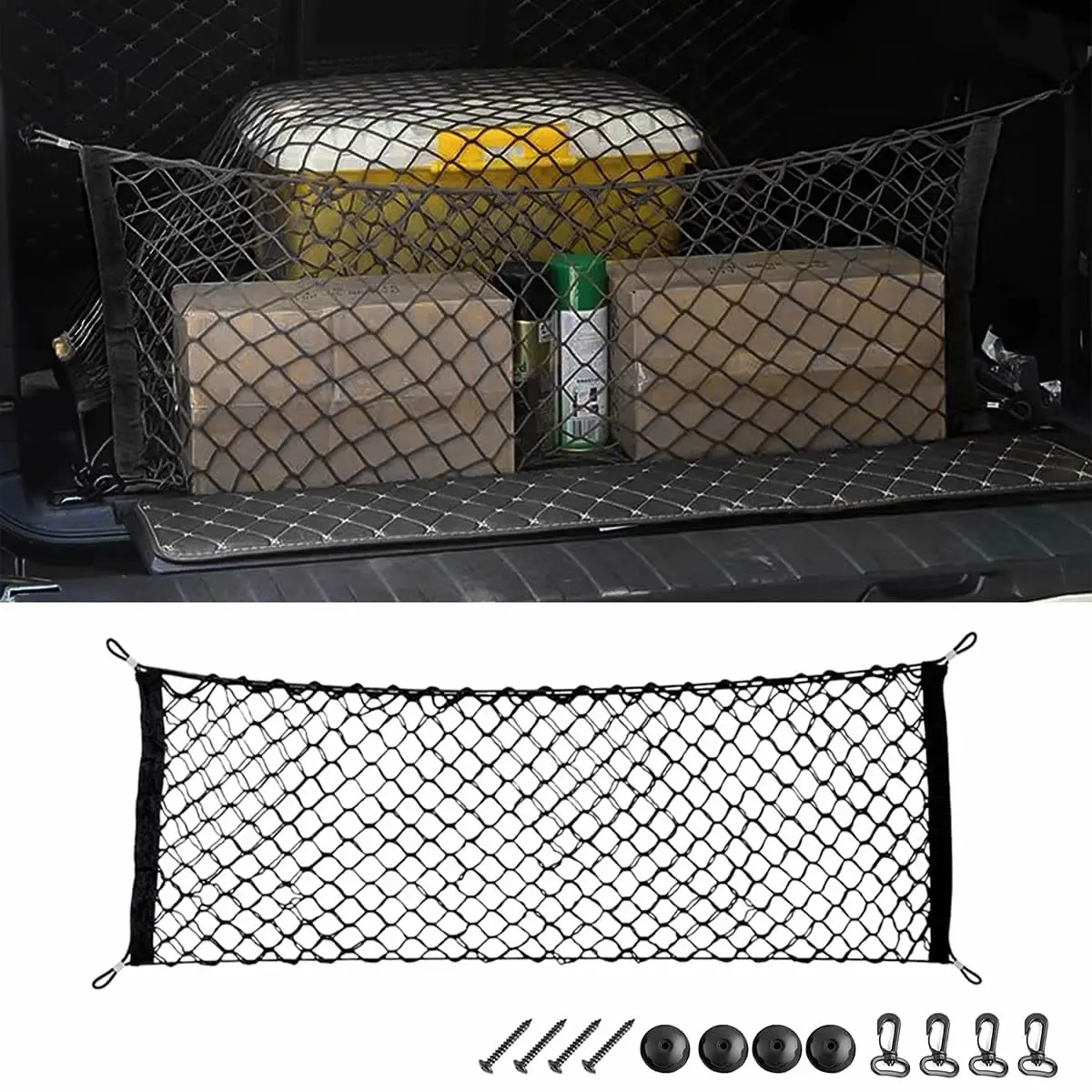 90*40cm Filet Rangement Coffre Voiture avec Crochets + 4 Pièces de