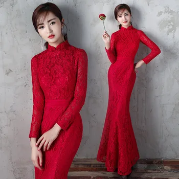 

Lace Mermaid Burgundy Women Evening Party Dress Sexy Perspective Flower Qipao Elegant Half Sleeve Long Ball Gown Cheongsam