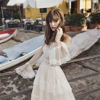 

Lace long Sleeves Bateau Neck Lace Wedding Dresses Lace Appliques Natural Waistline Bridal Gowns Zipper Robe De Mariage Spring