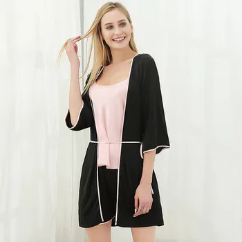 

Summer Mid-long Shorts Pajamas Robes Set Female Thin Section Contrast Three-piece Large Size Home Suit Womens Pajamas