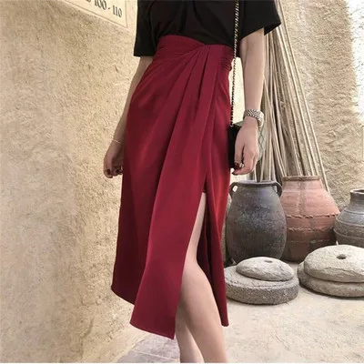 ALOHA STUDIO dew или одежда французский стиль восстановление древних способов сплит юбки женские чувство высокой талии нерегулярные миди - Цвет: red
