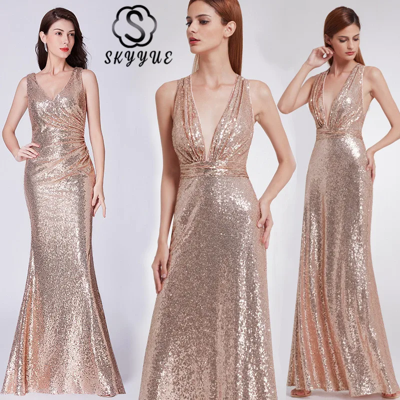 

Skyyue Evening Dress 2019 Sleeveless Deep V-Neck Sequin Robe De Soiree 2019 Backless Women Party Dresses Tank Formal Gown C454