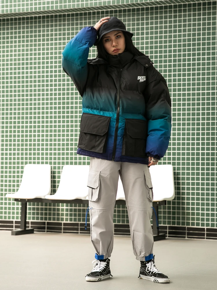 OSCN7 Retro Oversize Contrast Color Padded Jackets Men Japanese Streetwear Loose Casual Women Parkas Jackets Coat 6088