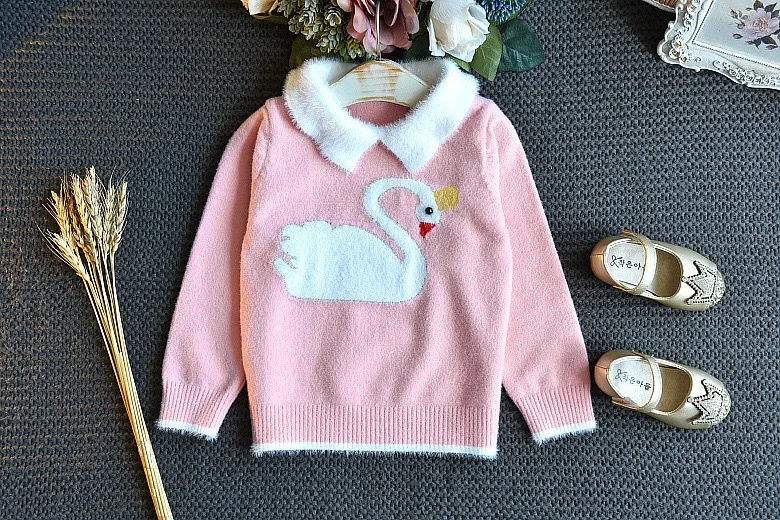 Jargazol/зимние гофрированные наряды для девушек, одежда для малышей, Осенний вязаный свитер и плиссированная юбка, Детский костюм с вышивкой лебедя