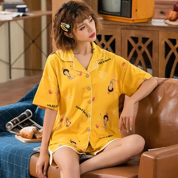 

M-2XL Women's Comfortable Cute Lapel Pajamas Summer Girls Cute Printed Pajamas Set Short Sleeve Pajamas Set Women Pajamas