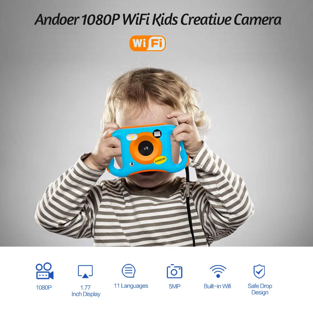 В США Andoer 5MP 1080P мини-камера для детей Цифровая видеокамера Wi-Fi камера для детей линза для двойной камеры анти-падение дизайн