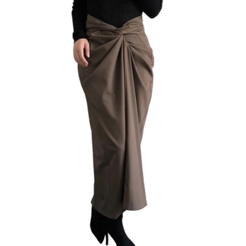 DEAT Autumn New Fashion Trend Clothing Elegant Covered Hips Strap Long Length High Waist Hip Skirt Pleated WI16