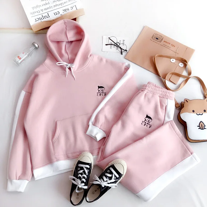 

2018 Winter Mori Girl Line Yogurt Loose-Fit plus Velvet Warm Hoodie Elastic Waist Straight-leg Pants Set 90453