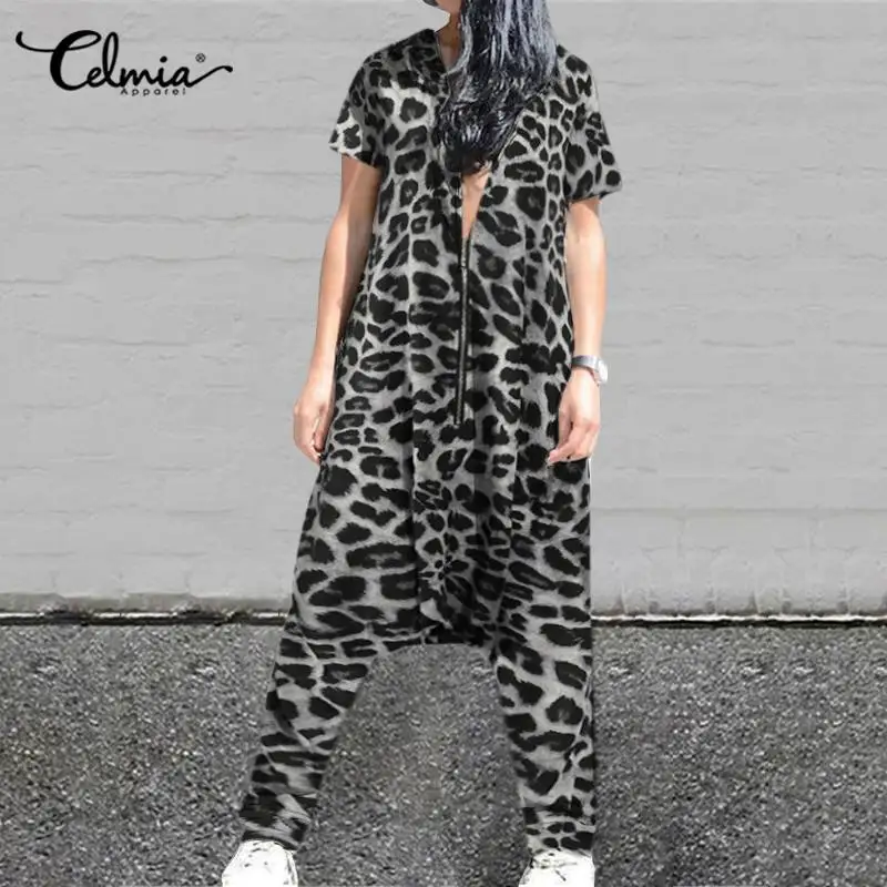 

Celmia 2020 Summer Rompers Long Jumpsuits Women Vintage Leopard Print Drop-Crotch Summer Short Sleeve Zipper Casual Playsuits 7