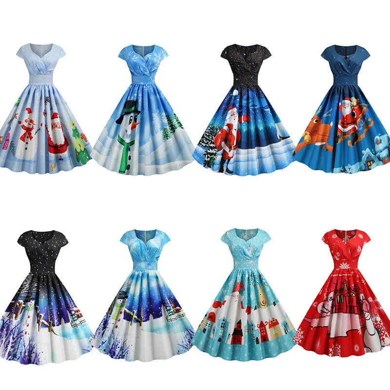 Рождественское женское платье, вечерние, рождественское, Vestidos размера плюс, короткий рукав, v-образный вырез, элегантное, повседневное, винтажное, зимнее платье, халат для женщин